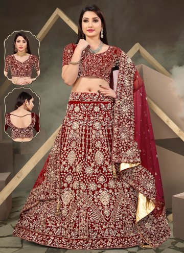 Red color Velvet A Line Lehenga Choli with Embroid