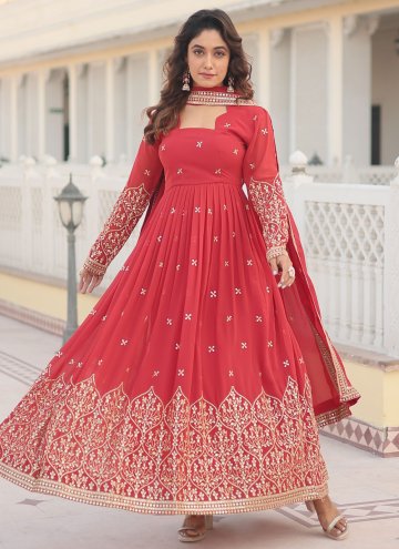 Red Faux Georgette Embroidered Designer Gown for F
