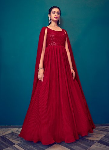 Red Floor Length Gown in Georgette with Embroidere
