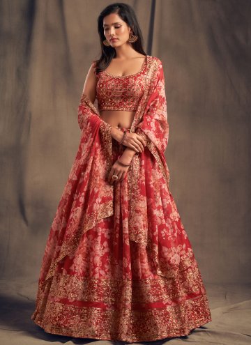 Red Lehenga Choli in Organza with Embroidered