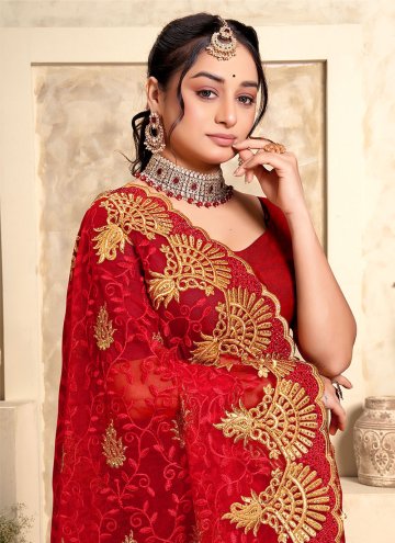 Red Net Embroidered Classic Designer Saree for Cer