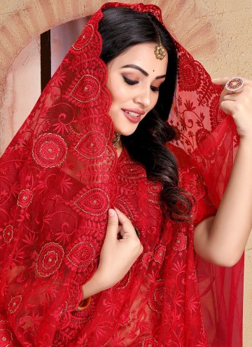 Red Net Embroidered Contemporary Saree