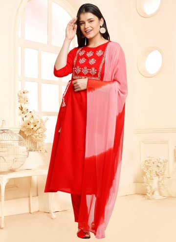 Red Salwar Suit in Cotton  with Embroidered