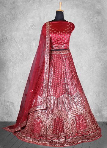 Red Satin Silk Embroidered A Line Lehenga Choli for Ceremonial