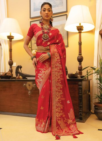 Red Satin Woven Classic Designer Saree for Ceremonial