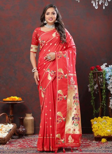 Red Silk Meenakari Contemporary Saree for Ceremoni
