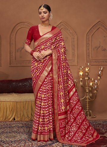 Red Tussar Silk Printed Classic Designer Saree