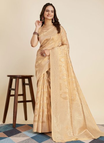 Remarkable Beige Banarasi Woven Classic Designer Saree for Ceremonial