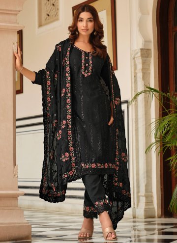 Remarkable Black Chinon Embroidered Salwar Suit fo