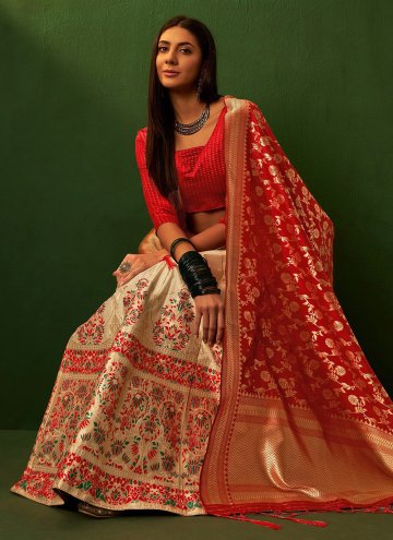 Remarkable Cream and Red Silk Embroidered A Line Lehenga Choli