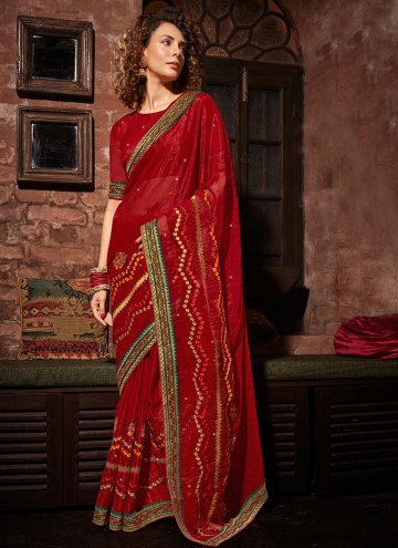 Remarkable Embroidered Chinon Red Contemporary Sar