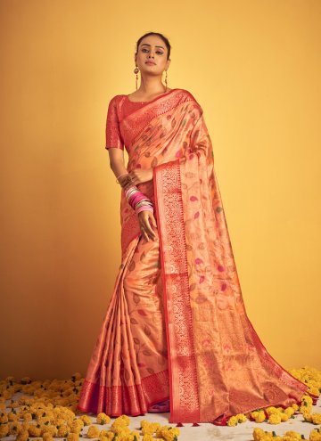 Remarkable Peach Banarasi Woven Designer Traditional Saree