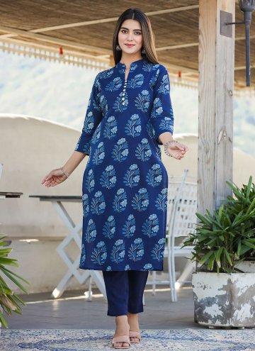 Remarkable Printed Cotton  Blue Party Wear Kurti