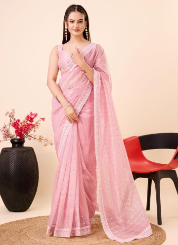 Rose Pink Net Embroidered Contemporary Saree