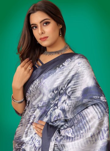 Satin Designer Saree in Grey Enhanced with Digital Print