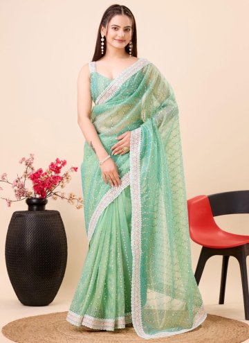 Sea Green color Net Contemporary Saree with Embroidered