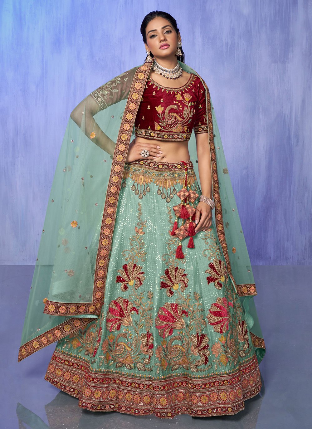 Designer Velvet Lehenga For Wedding in Rani color - Aazuri