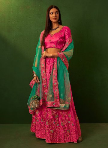 Silk A Line Lehenga Choli in Pink Enhanced with Em