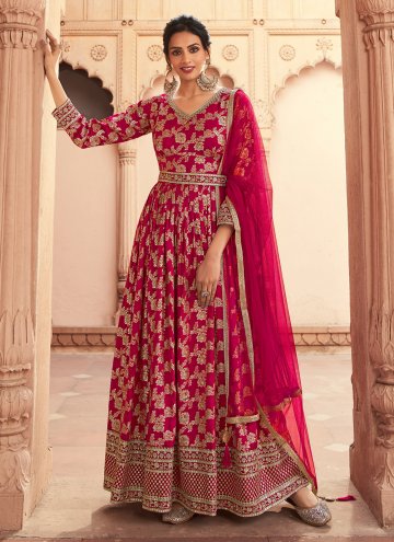Silk Anarkali Suit in Hot Pink Enhanced with Embro
