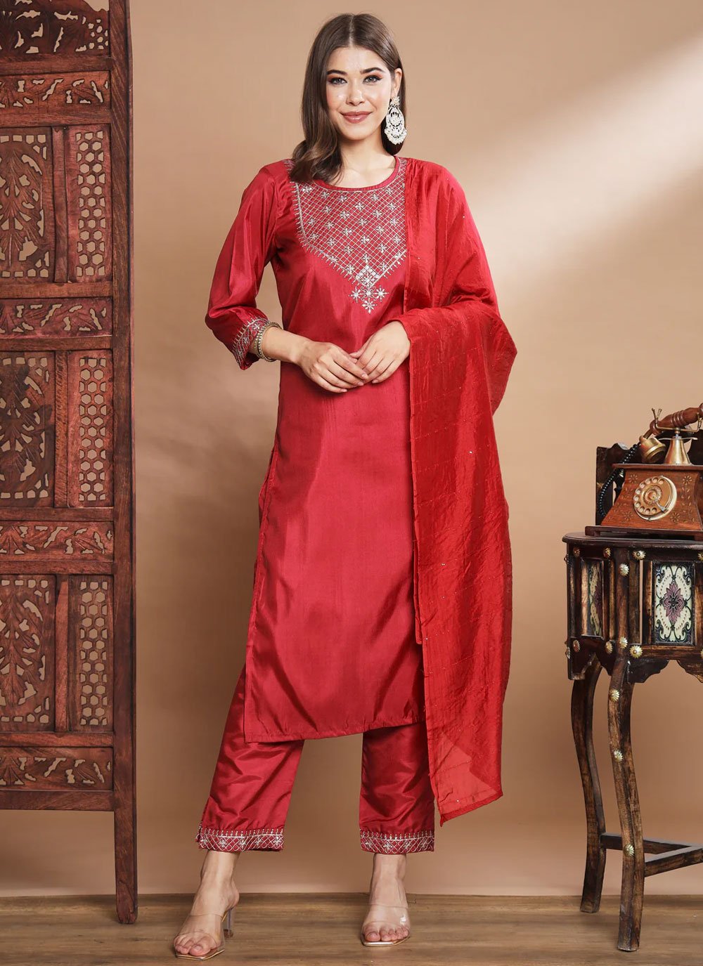 Silk Blend Salwar Suit in Red Enhanced with Embroidered