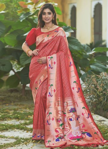 Silk Classic Designer Saree in Red Enhanced with Floral Print