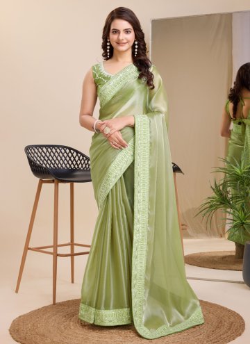 Silk Contemporary Saree in Green Enhanced with Emb