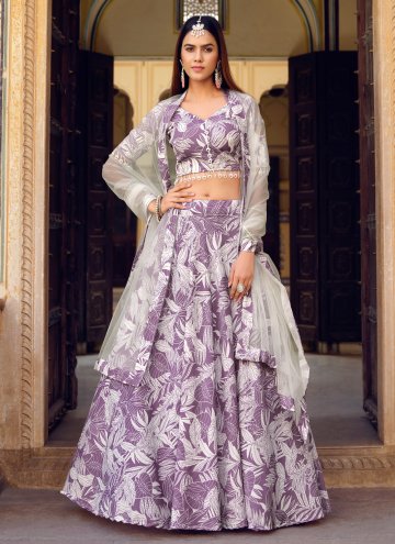 Silk Designer Lehenga Choli in Purple and White Enhanced with Floral Print