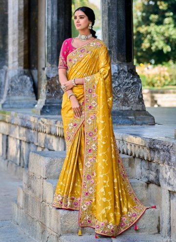 Silk Designer Saree in Mustard Enhanced with Embro