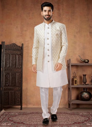Silk Indo Western in Cream and White Enhanced with Fancy work