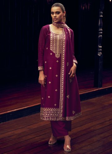 Silk Pakistani Suit in Purple Enhanced with Embroi