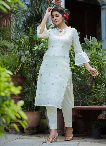 Silk Pant Style Suit in White Enhanced with Embroidered