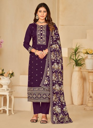 Silk Salwar Suit in Purple Enhanced with Embroidered