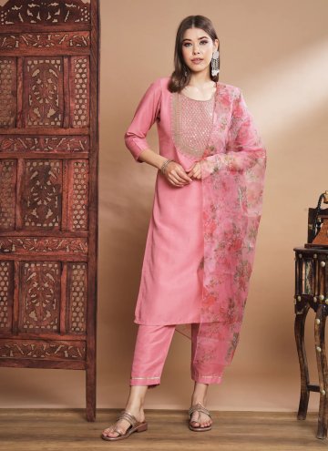 Silk Trendy Salwar Kameez in Pink Enhanced with Em