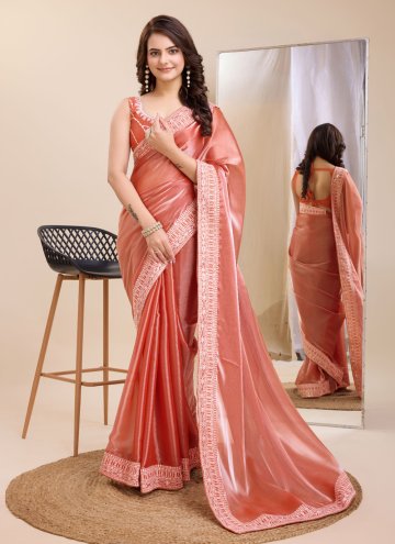 Silk Trendy Saree in Peach Enhanced with Embroider