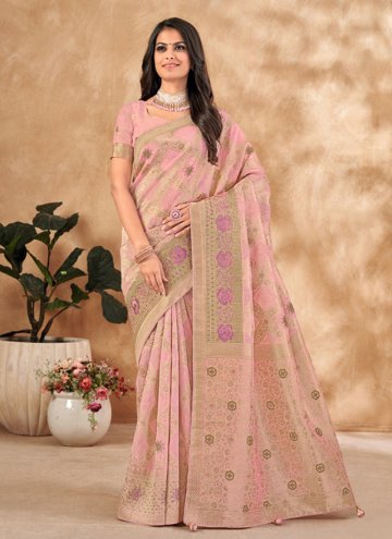 Silk Trendy Saree in Pink Enhanced with Embroidere