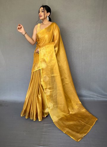 Silk Trendy Saree in Yellow Enhanced with Woven