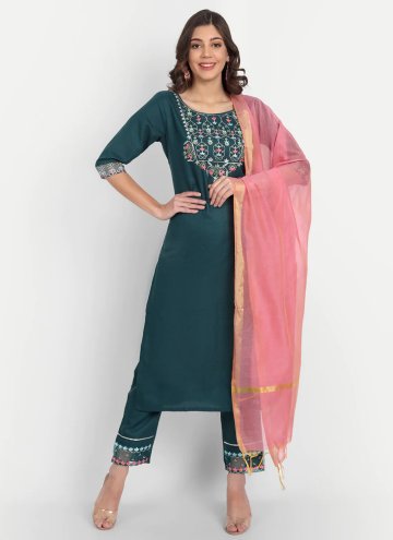 Teal color Cotton  Pant Style Suit with Embroidere