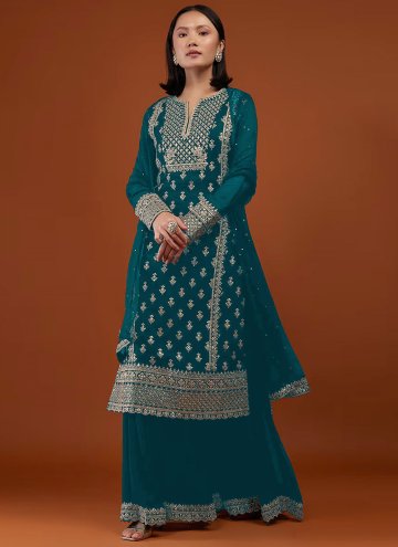 Teal color Embroidered Georgette Palazzo Suit