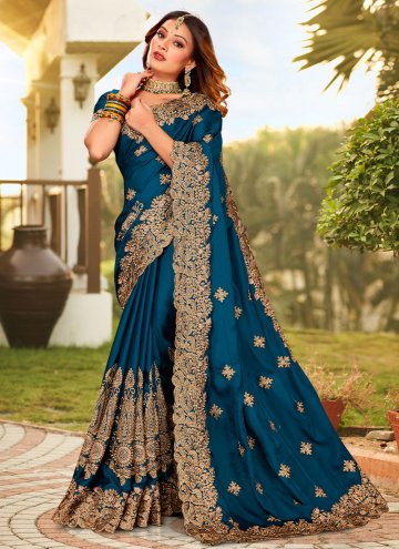 Teal color Embroidered Satin Contemporary Saree