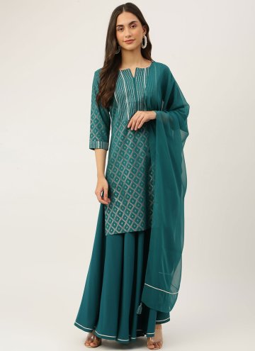 Teal color Foil Print Crepe Silk Salwar Suit