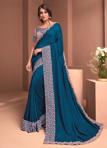 Teal color Georgette Contemporary Saree with Embroidered