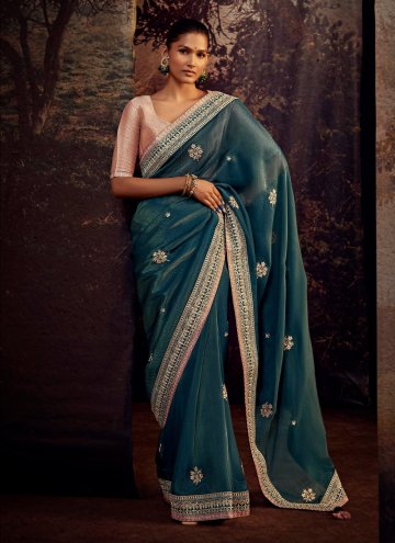 Teal Fancy Fabric Border Trendy Saree for Engageme