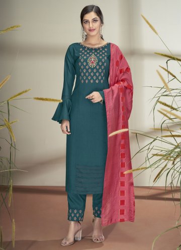 Teal Faux Chiffon Embroidered Pant Style Suit for Festival