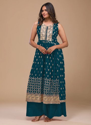 Teal Georgette Embroidered Palazzo Suit