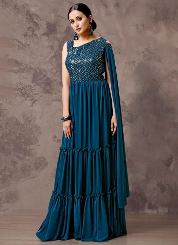 Teal Imported Sequins Work Designer Gown for Engag