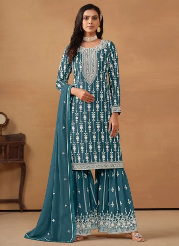 Teal Palazzo Suit in Faux Georgette with Embroider