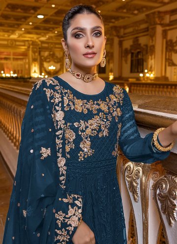 Teal Salwar Suit in Faux Georgette with Embroidered