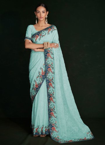 Turquoise Classic Designer Saree in Georgette with Lucknowi Work