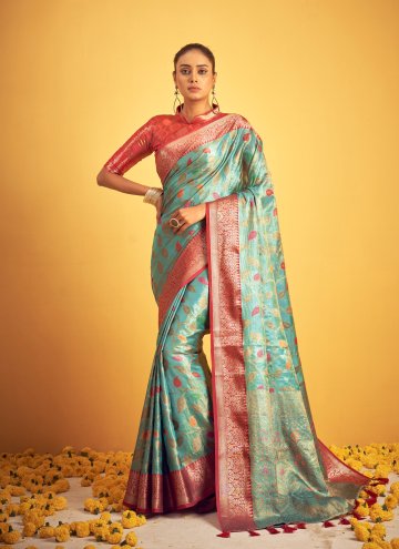 Turquoise color Banarasi Designer Traditional Saree with Woven