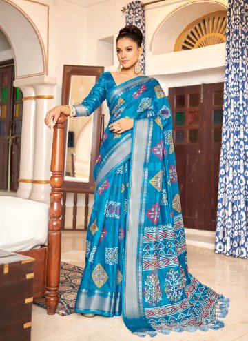 Turquoise color Poly Cotton Designer Saree with Printed